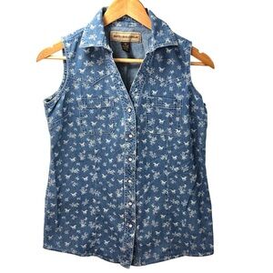 Brit & Bridle Novelty Horse Print Denim Snap Shirt Sz S Western Casual Country